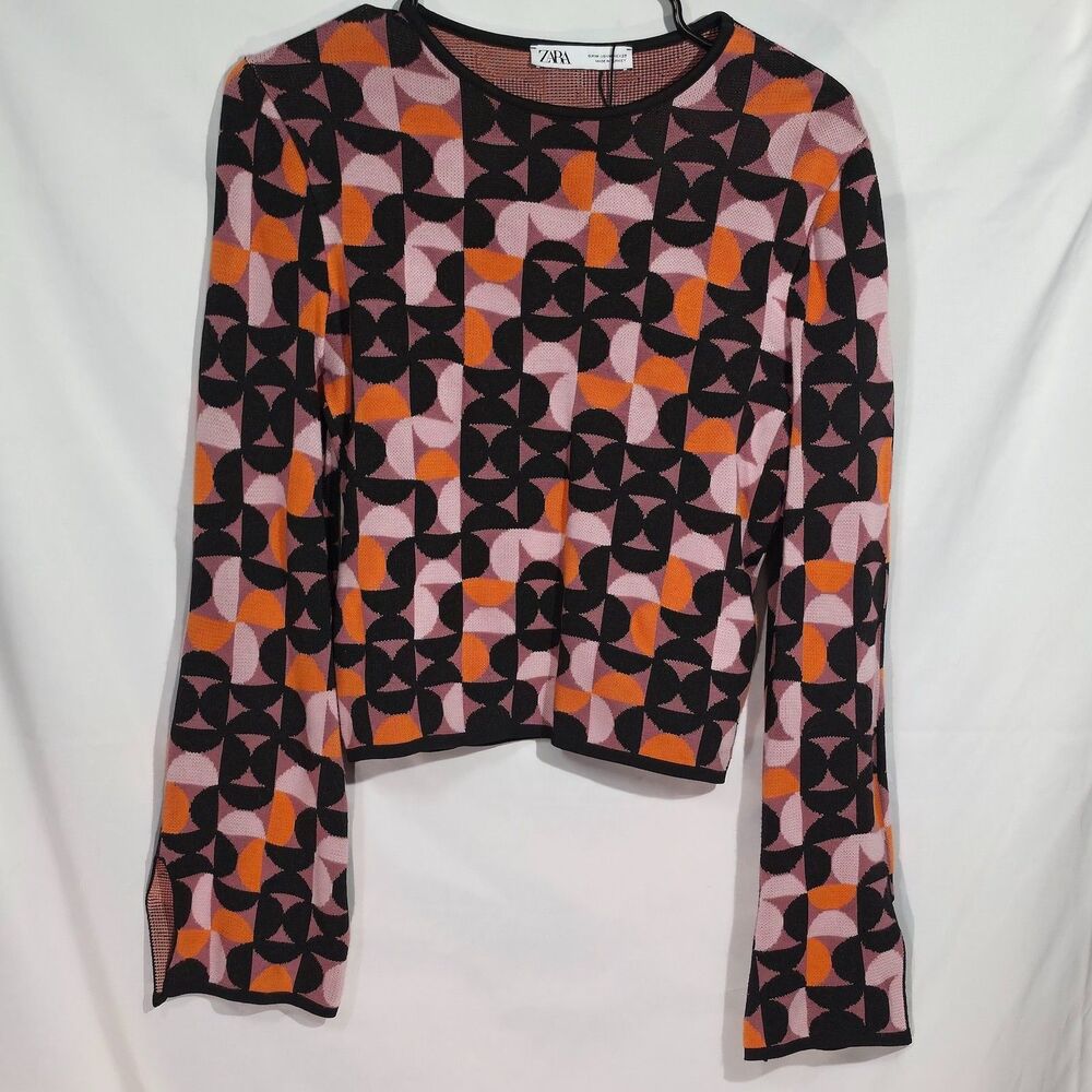Zara Retro Geometric Print Long Flare Sleeve Knit Crop Sweater in Multi M